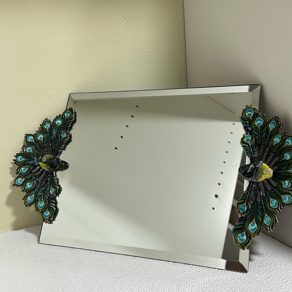 Vintage Enamel Rhinestone Pewter Peacock Mirror Vanity Tray